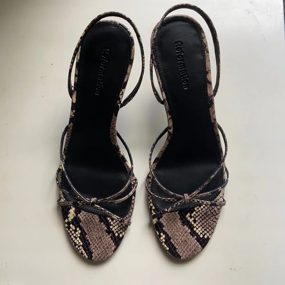Reformation Snakeskin Strappy Slingback Sandals — Black & Brown